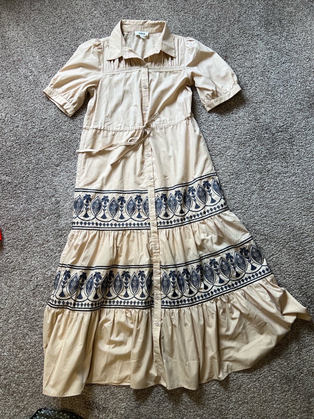 Cream Embroidered Button-Front Midi Dress with Tie Waist